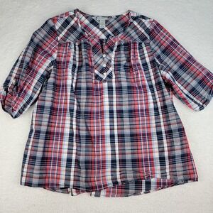 Catherines Top Womens 1X Red Blue 3/4 Sleeve Button Up Plaid Casual Basic Blouse